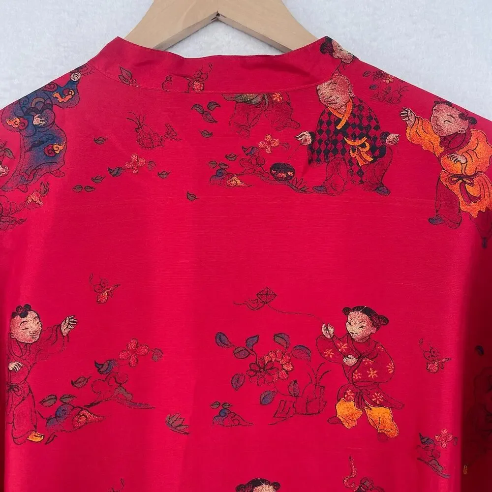 CHICOS Blouse 3 XL Asian Chinese Print Silk Satin Mandarin Collar Button Up Red_7